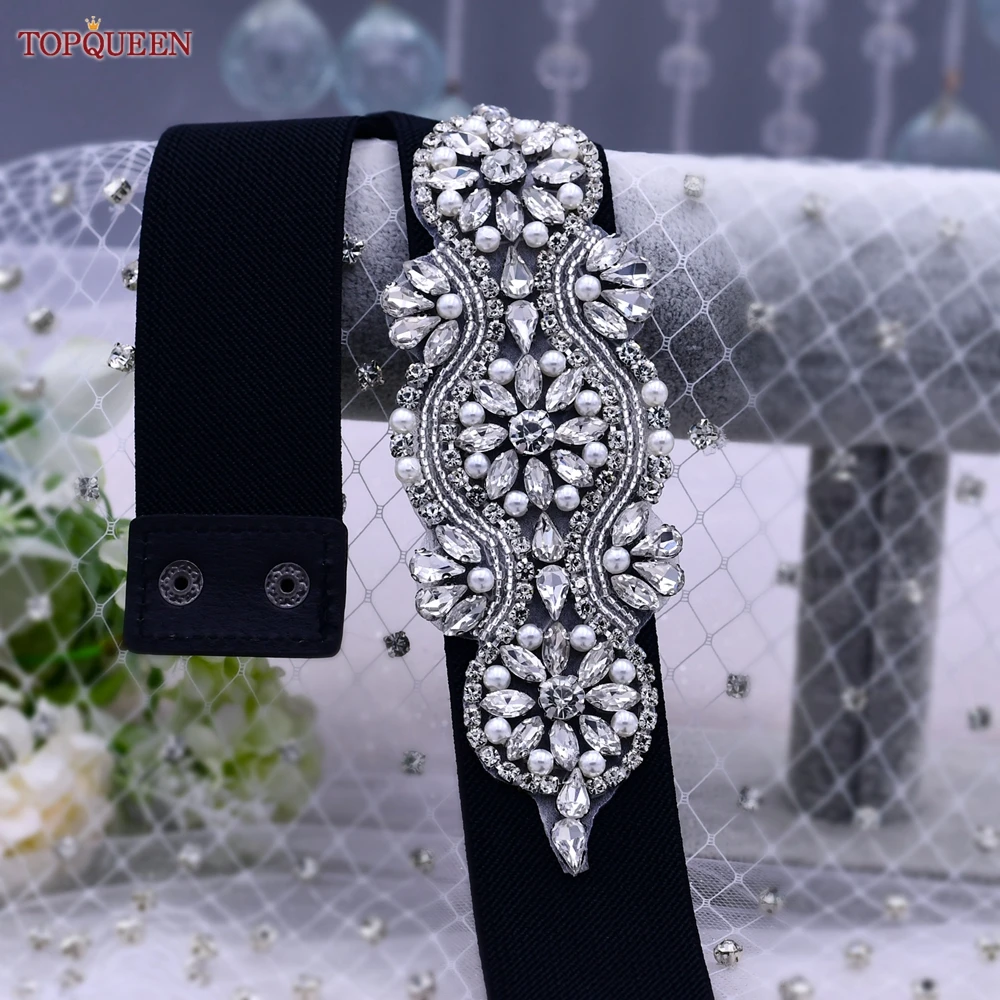 

TOPQUEEN S05-B Fashion Women Black Elastic Belt All-match Rhinestones Pearls Female Party Dress Gown Daily Adult Waistband