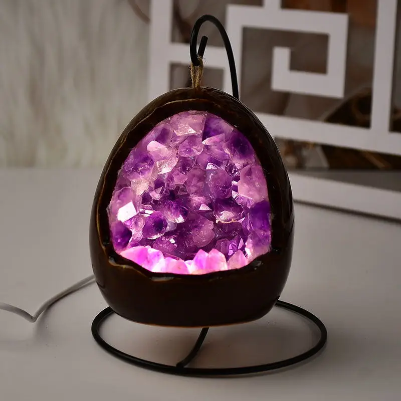 Natural amethyst hole dinosaur egg ornament Brazilian citrine rough stone night light bedroom bedside light night light