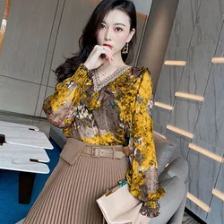 Fashion Embroidery Ruffles Shirring Printed Lantern Sleeve Blouse Women's Clothing 2023 Autumn New Casual Tops Commuter Shirt