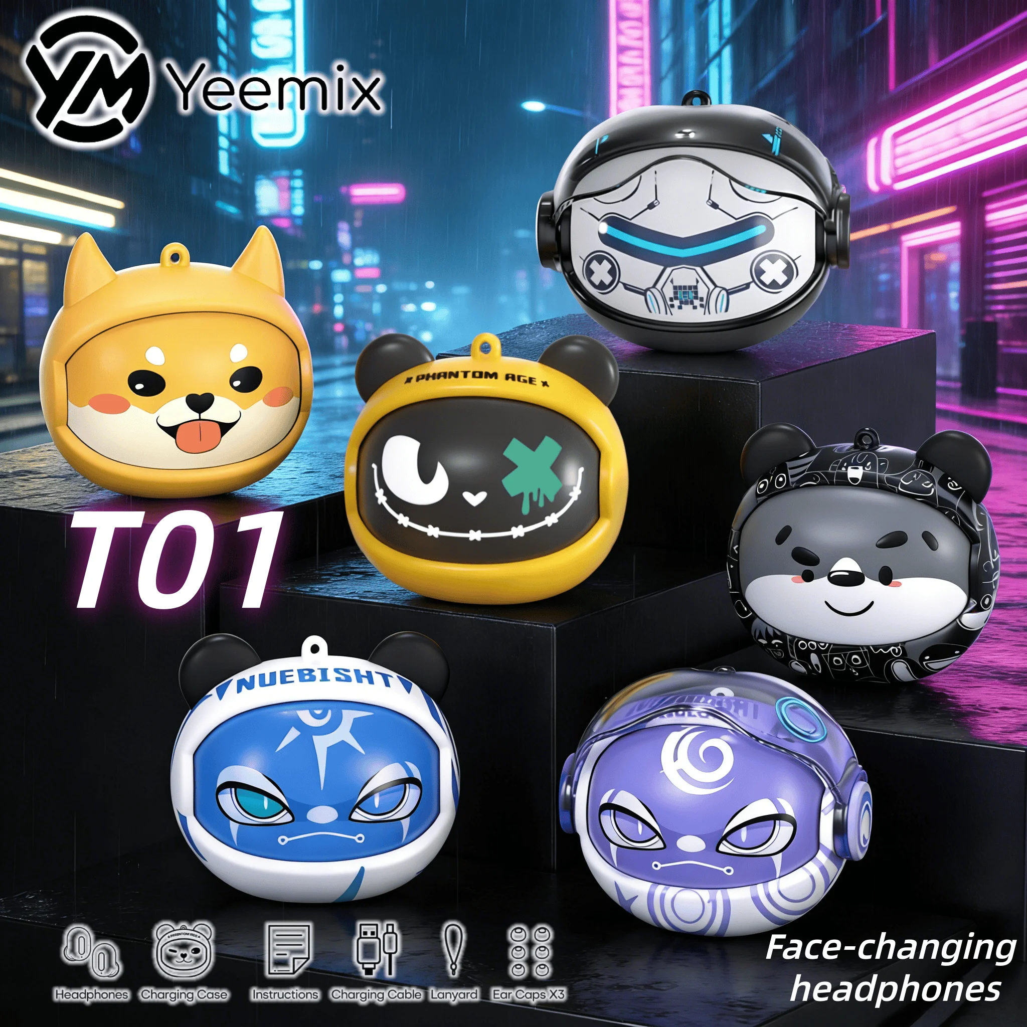 Yeemix T01 Face changing headphones BT5.4 Wireless Earbuds Rotating Flip Design Headphone Touch Control Headset for sony Funny — product photo 1 of 1