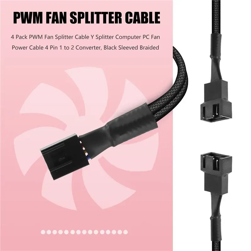 Ingenious-4 Pack PWM Fan Splitter Cable Y Splitter Computer PC Fan Power Cable 4 Pin 1 To 2 Converter, Black Sleeved Braided