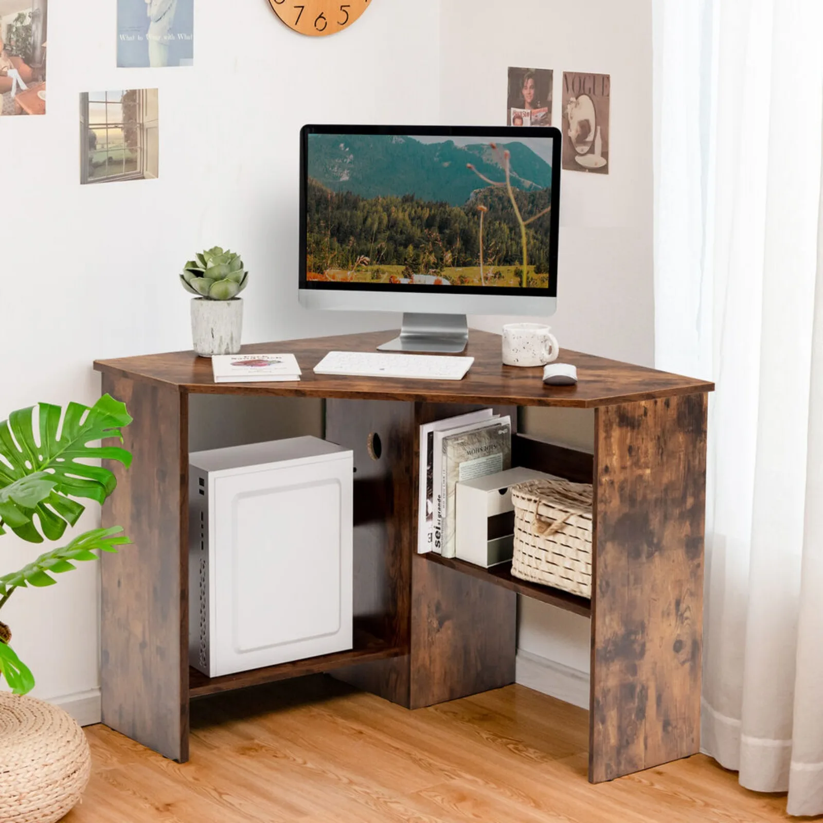 Station de travail triangulaire américaine avec étagère de rangement, bureau d'ordinateur d'angle, de style américain et campagnard