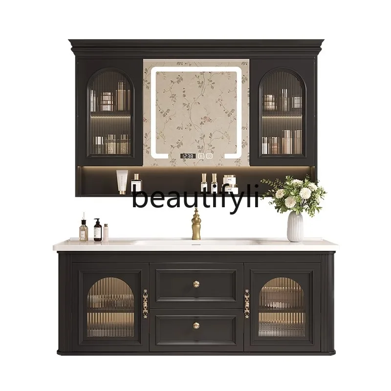 

French oak solid wood bathroom cabinet American retro bathroom cabinet toilet washbasin smart wall cabinet
