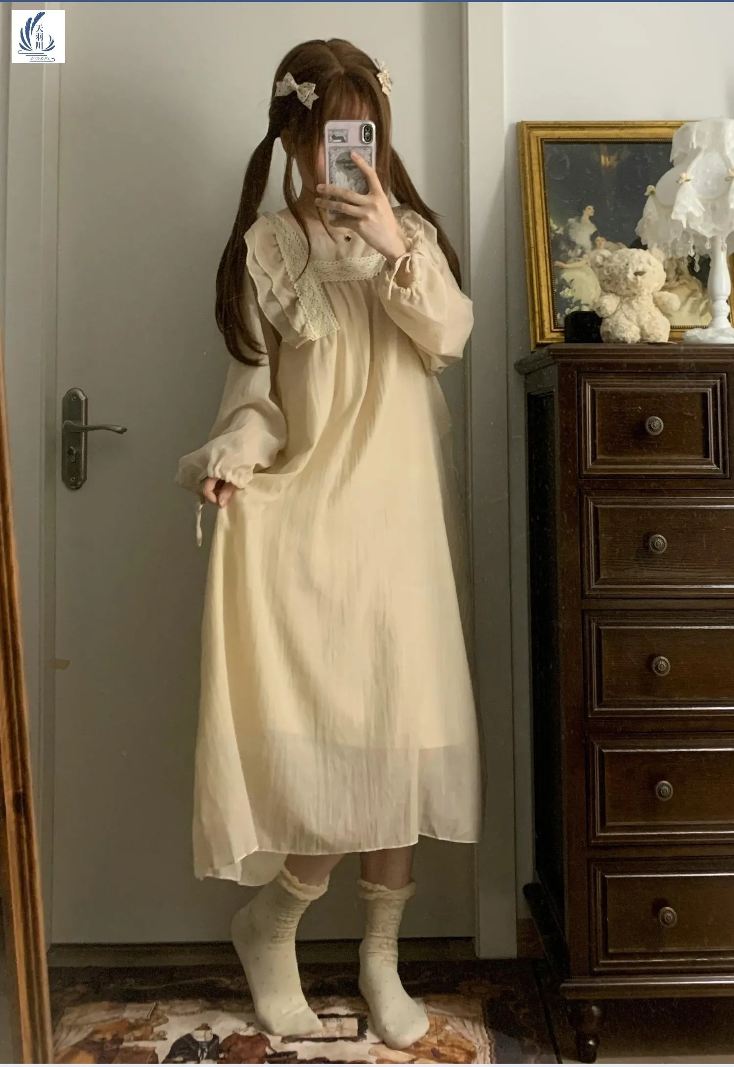 Vintage Victorian Princess Nightgown Women Long Sleeve Square Collar Lace Ruffle Loose Midi Dress Loungewear Sleep Dress