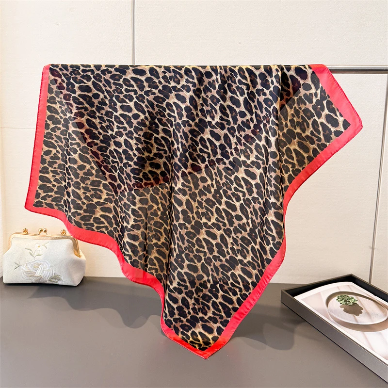 Summer Beach Square Silk Scarf Sexy Leopard Print Bandana Soft Satin Shawl Boho Vacation Head Scarf for Women Hairband Hijab