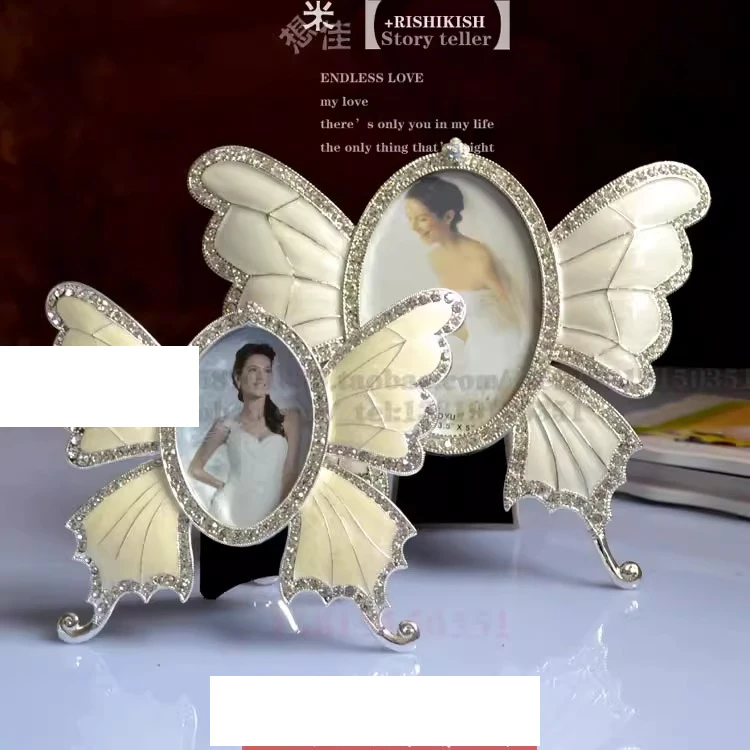 إطار صورة مرصع بالألماس على الطراز الأوروبي من بوتيك، إطار صورة على شكل فراشة معدنية، إطار صورة غراء أبيض فضي 5 بوصة