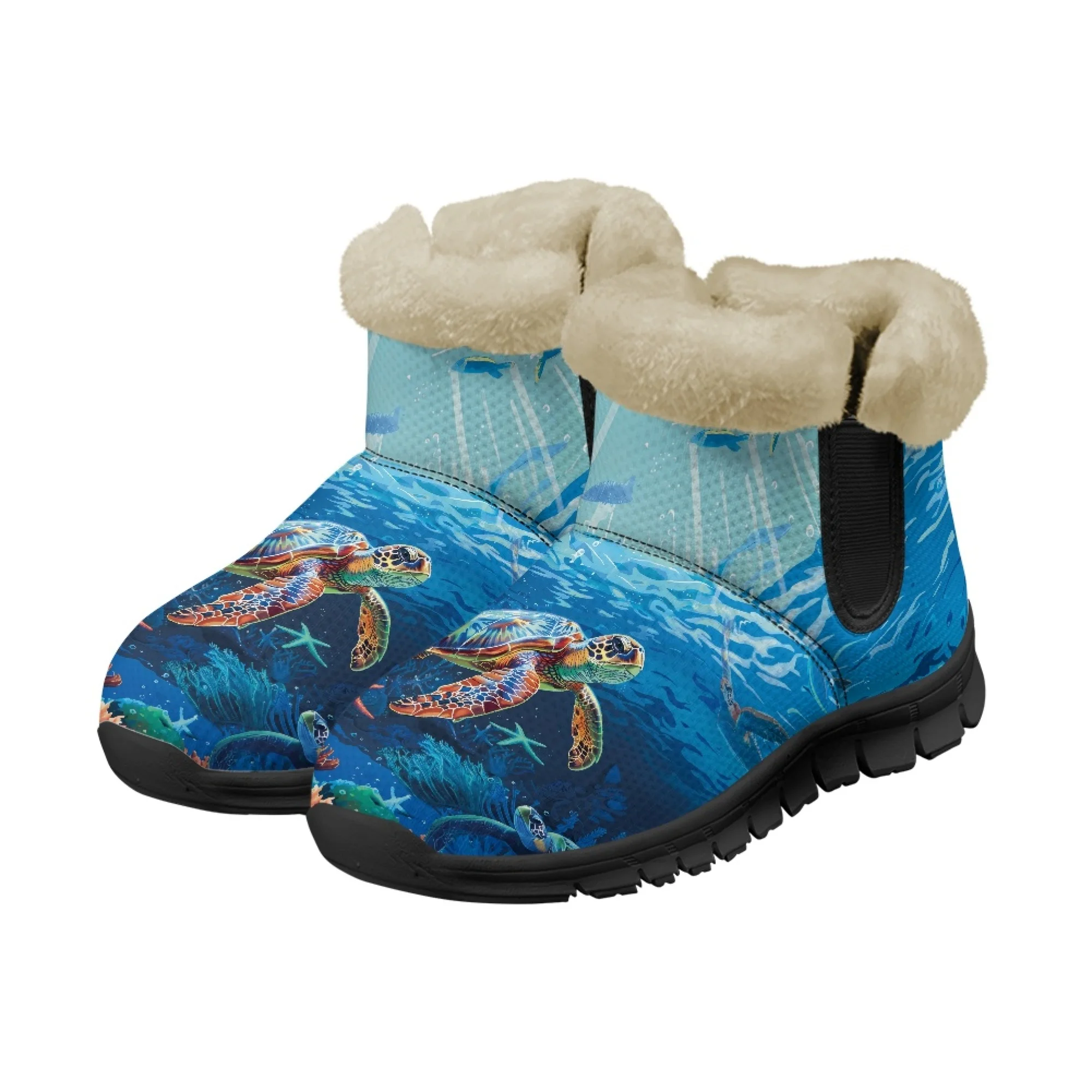 ELVISWORDS Blue Sea Print Turtle Pattern Winter Boots for Women Furry Ankle Boots New Short Plush Lady Comfort Casual Boots image 4