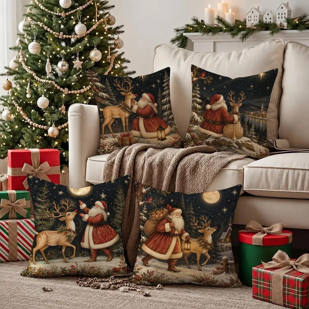 Vintage Santa Claus and Reindeer Cushion Cover Soft Christmas Pillow Cover | Festive Cushion Decor for Cozy Sofa Bedroom Home
