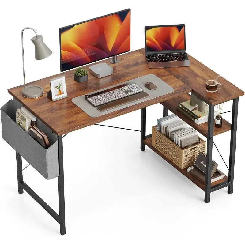 L Shaped Desk, 40 Inch Computer Desk with Reversible Storage Shelves Home Office Corner Desk Study Writing Table, Deep Brown