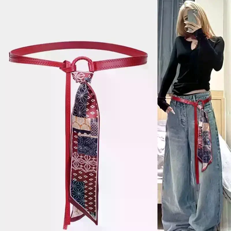 

Y2k Punk Girls Scarf Waist Belt Retro Pu Leather Women's Belt Bohemian Style Silk Scarf Waist Rope Trendy Jeans Dress Decorative