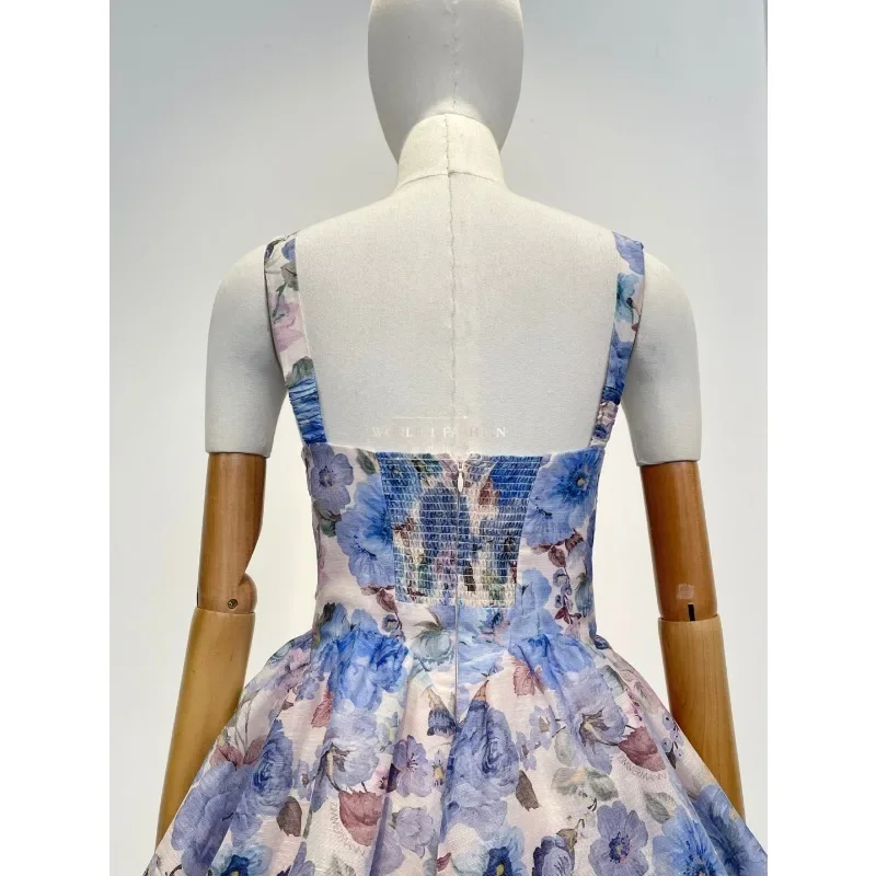 

Backless Mini Dress 2025 High Quality Women Vintage Blue Floral Print Sleeveless