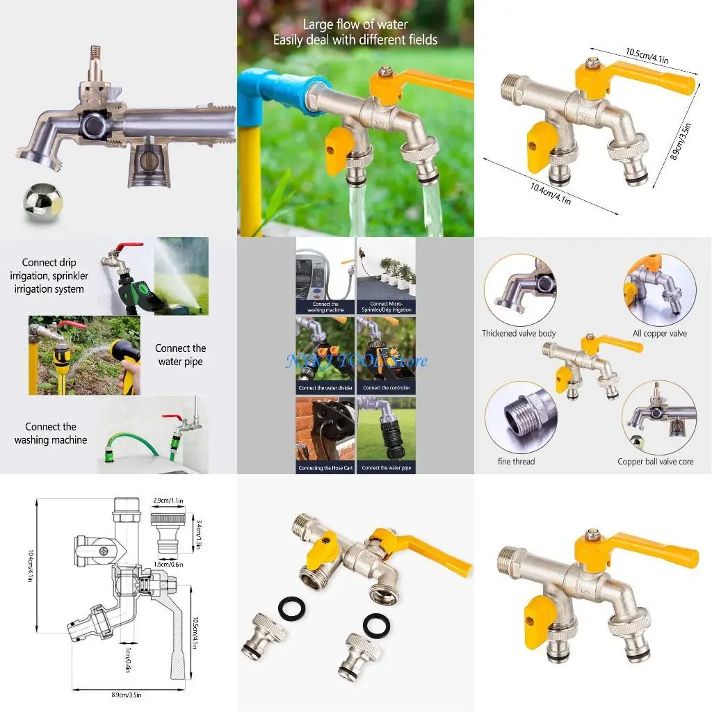 

L8RC Brass Mop Pool Tap Home Washing Machine Single Cold Faucet 1 in 2 Out Outdoor Garden Taps Double Connection Easy to Use