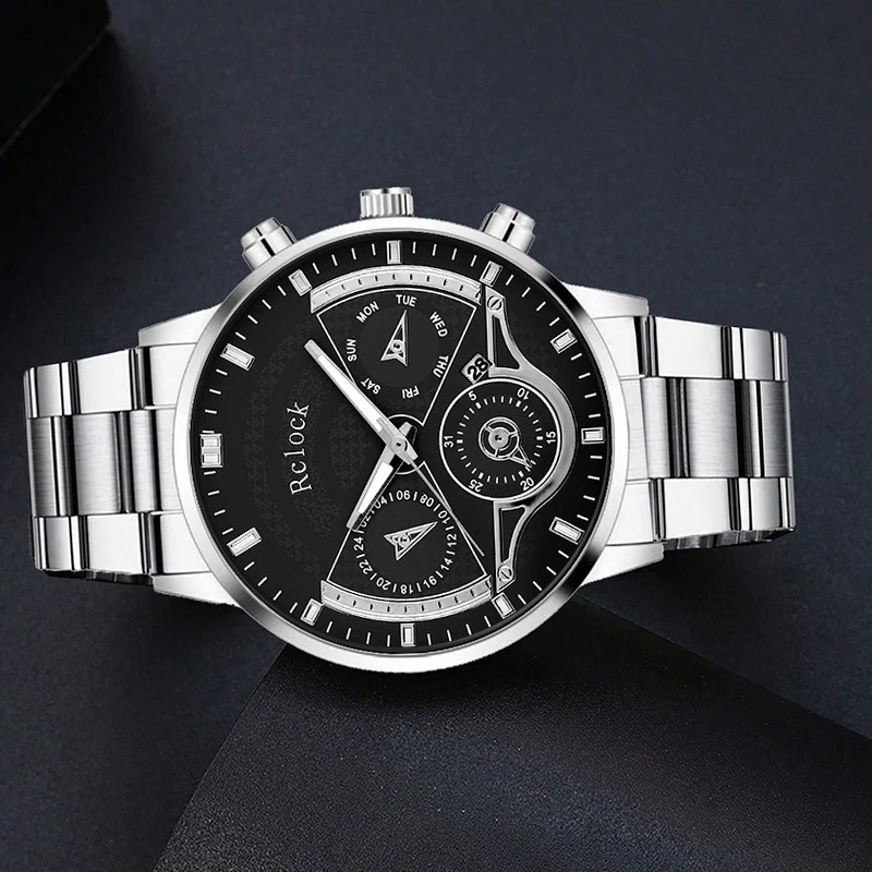 4pcs Luxury Men Silver Quartz Wristwatches Bracelet Men Business Casual Round Watch Calendar PU Leather Bracelets Sets