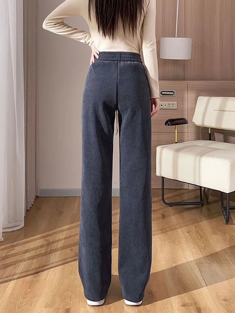 Pantalones de pierna ancha informales forrados de terciopelo para mujer, Pantalones gruesos elásticos de cintura alta, Pantalones rectos holgados,