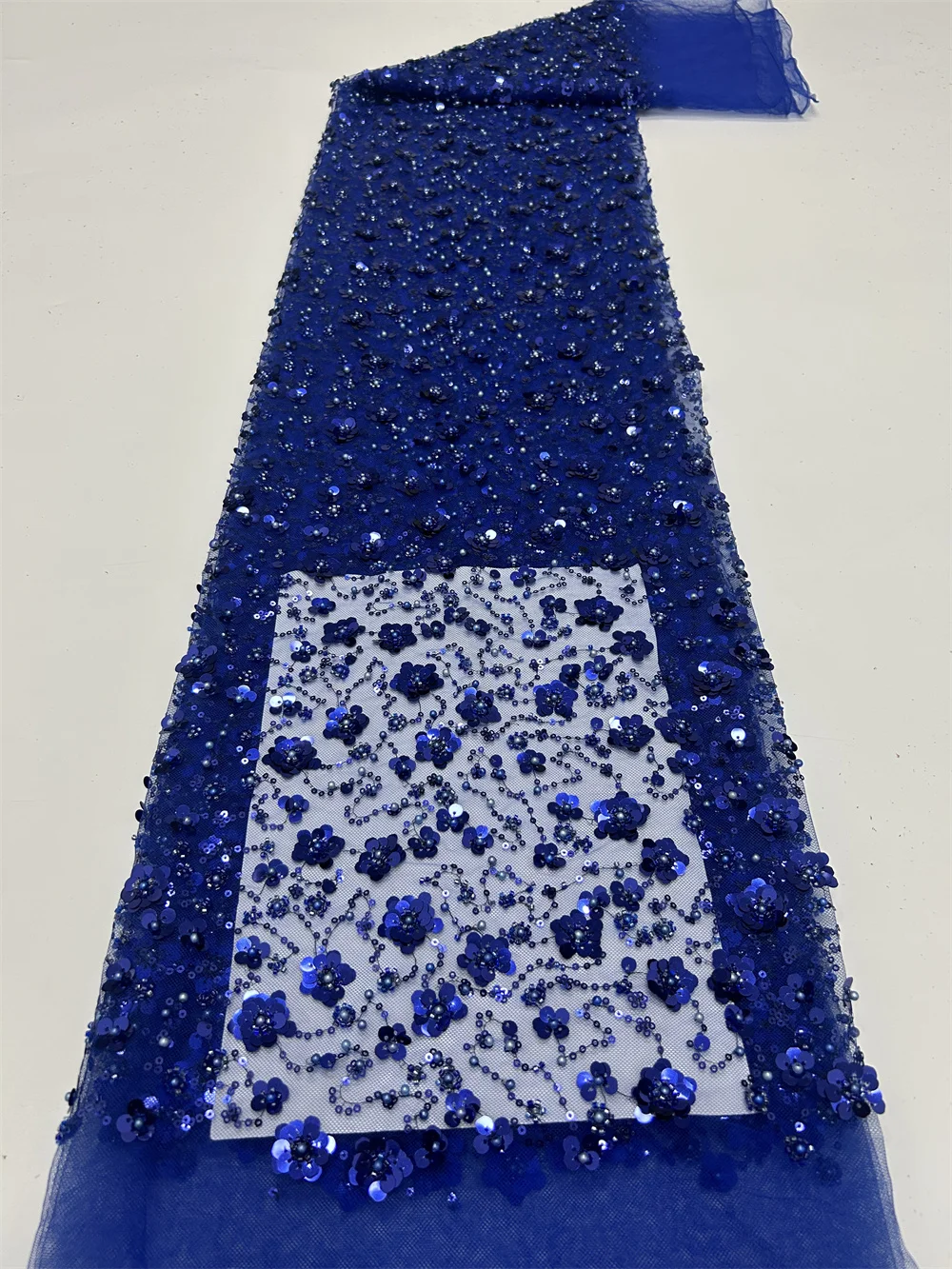 

Blue Sequins Lace Fabric 2026 High Quality French African Net Beaded Lace Fabric Nigerian Embroidery Fabric For Wedding Party