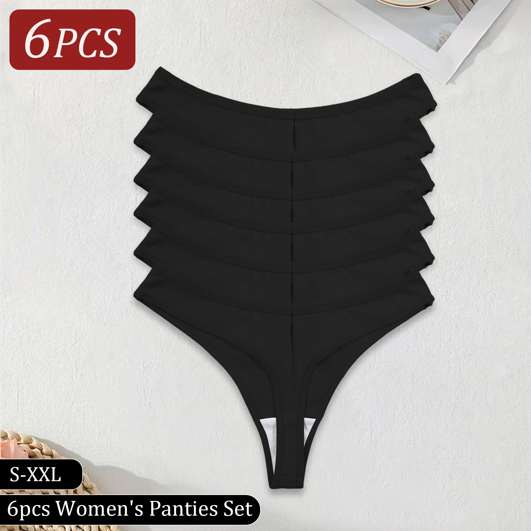 6PCS Black Women's Panties Low Waist Sexy G-String Cotton Briefs Simple Comfortable Breathable Linge