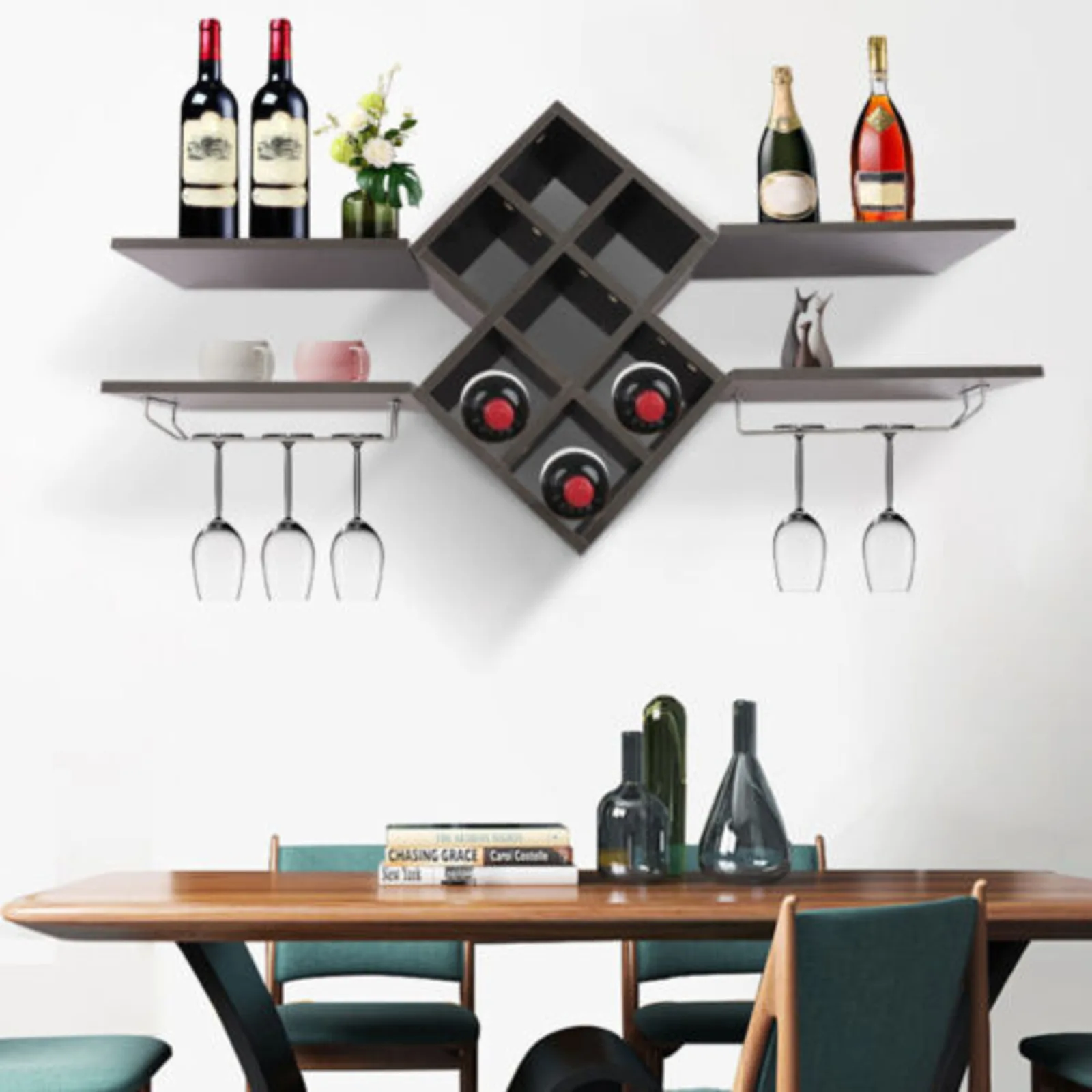 

2-Tiers Wall Mounted Wine Rack Bottle Glass Holders Wine Holder Durable Rack