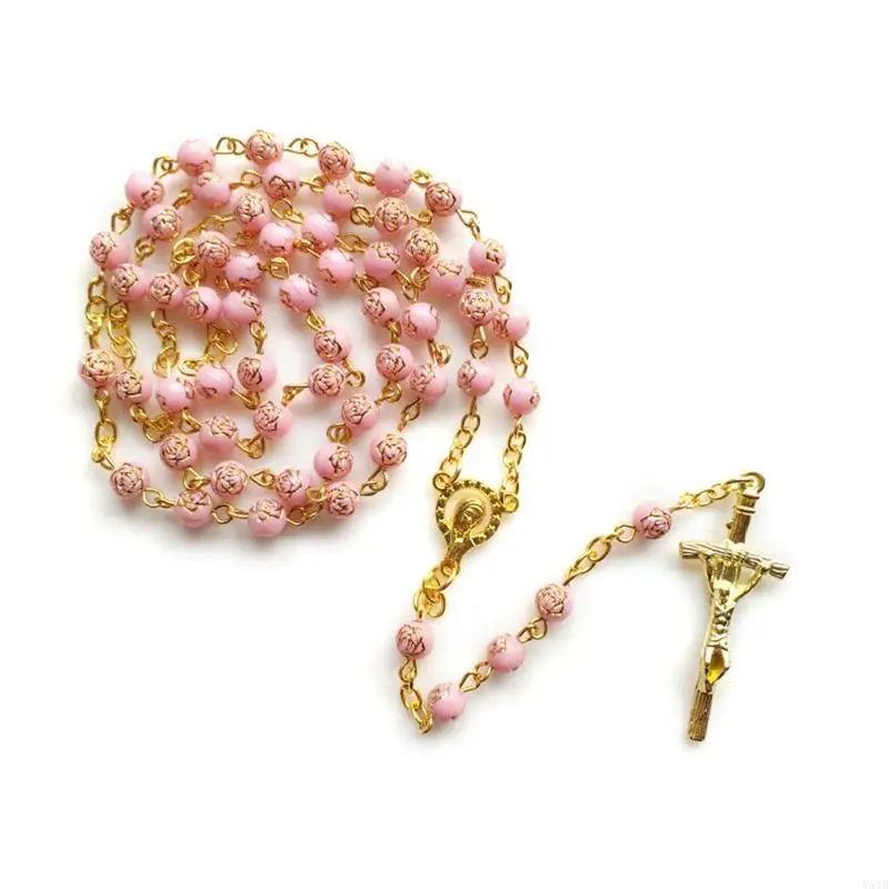 

Y51B 6mm Rose Beads Rosary Necklace with Jesus Crucifix for Cross Pendant Necklaces Catholic Prayer Gifts for Men Women Jewelry