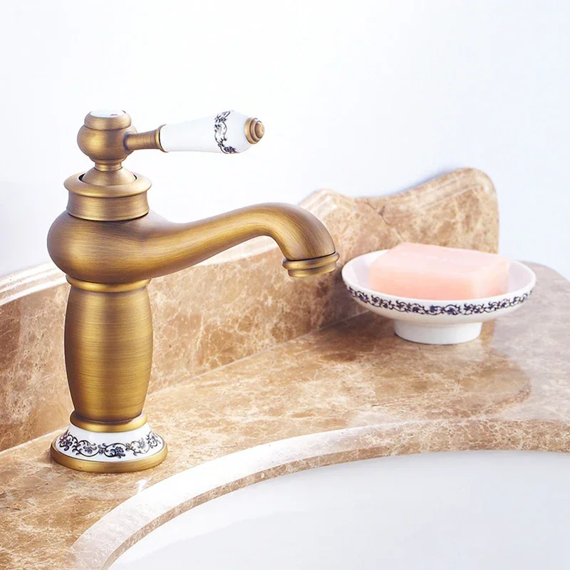 Retro European Bathroom Basin Faucets Gold Mixer Tap Ceramic Decoration Plating Chrome Single Handle Hot And Cold Deck Mounted