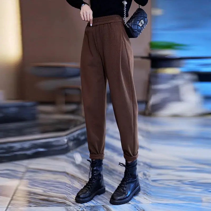 Autumn and Winter Solid High Waist Elastic Skinny Thickening Shirring Harem Fashion Casual Office Lady All Match Trousers