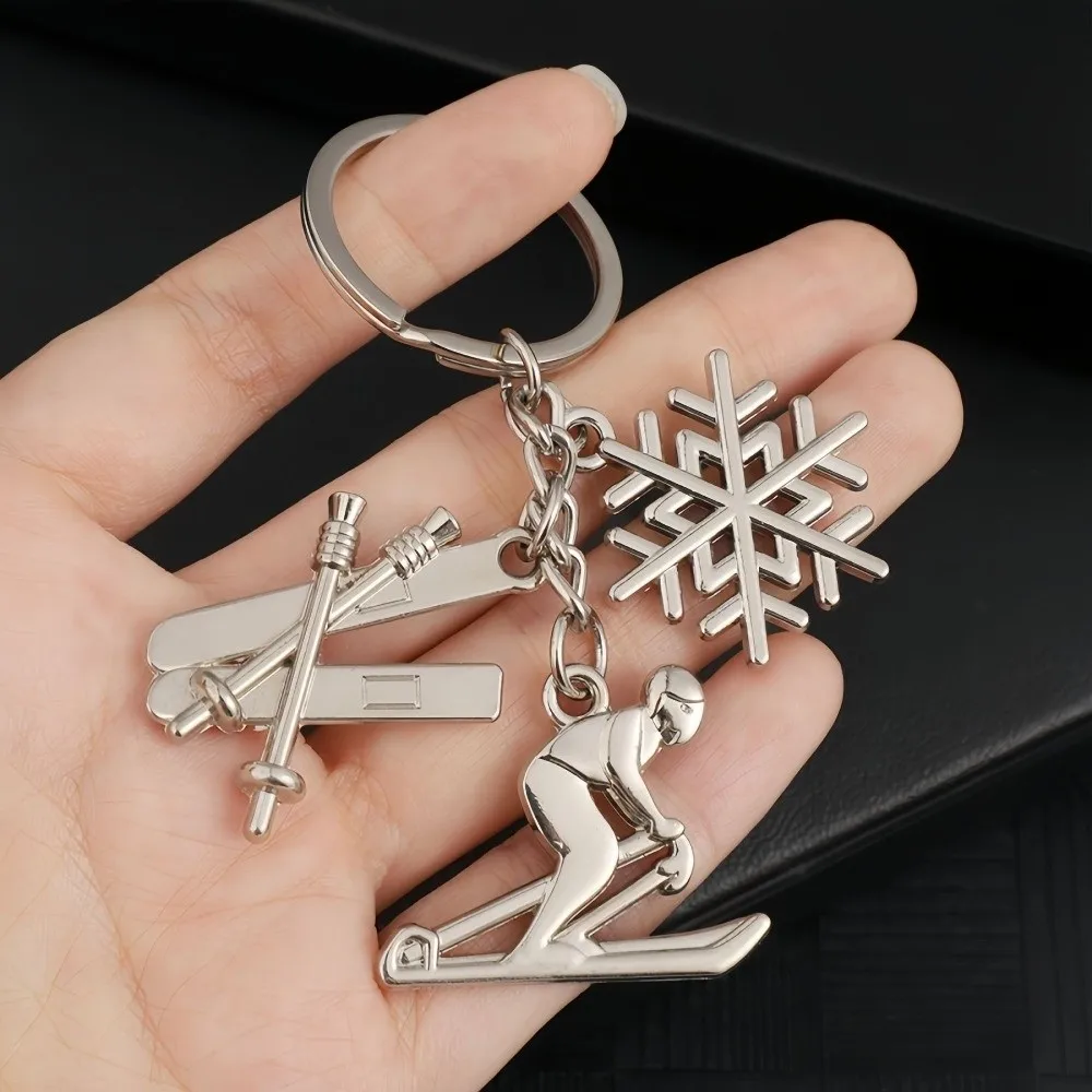 Decoration Metal Pendant Skiing Keychain Key Ring Car Bag Pendant Snowflake Pendant Silver Color Skier Decoration Birthday Gift