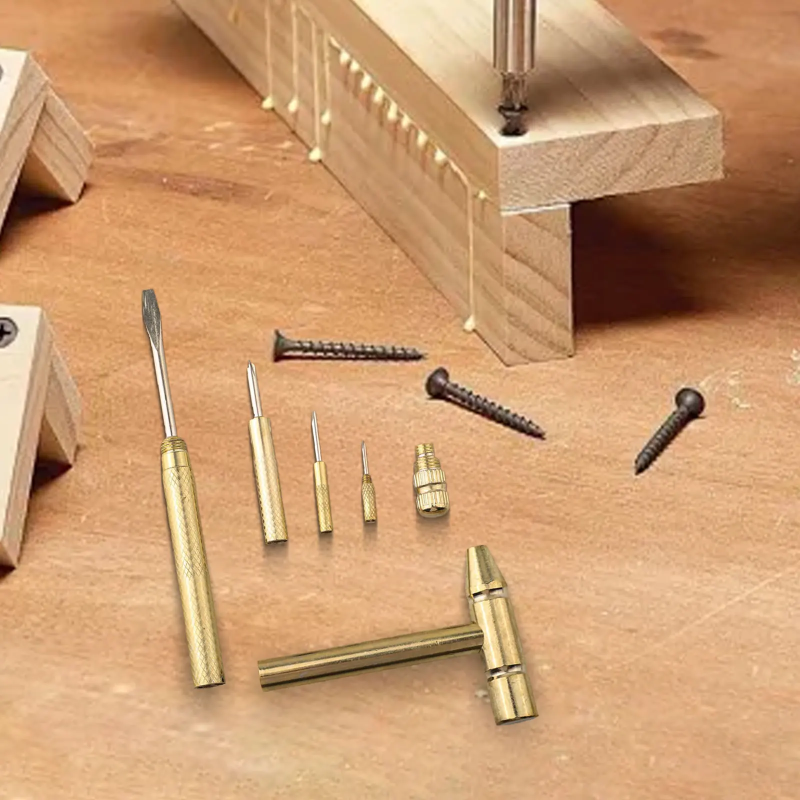 Mini marteau en laiton multifonction, embouts de tournevis croisés à fente, outils à main, or, artisanat, 6 en 1, 1 jeu