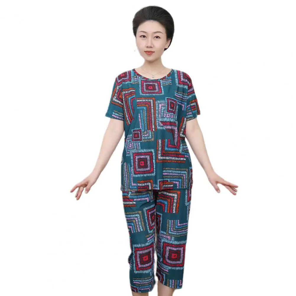 

Women Pajama Top Women Two Piece Summer Suit Ethnic Style Women's T-shirt Pants Set with Printed Top Cropped Trousers for Casual