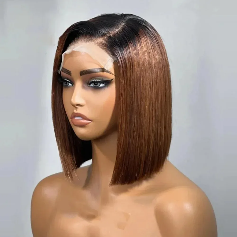 

Short 13x4 Highlight Blonde Wigs HD Lace Frontal Bob Wigs 200 Density Bone Straight Ombre 1b/4 Brown Colored Wigs For Women