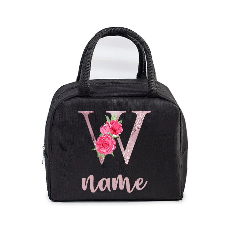 Custom Initial with Name Insulated Lunch Bag for Women Men Kids Cooler Pouch Thermal Pouch Portable DIY Flower Letter Lunch Bag