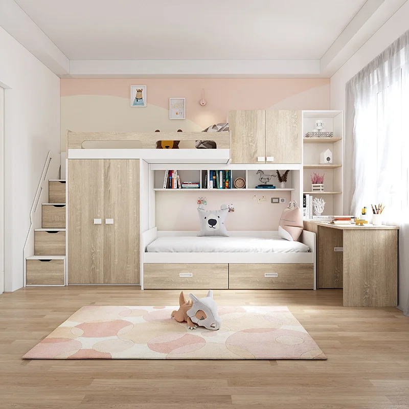 Tommy Nikki Multifunctional Mother-and-Child Bed with Wardrobe, Desk, Bunk Bed Space-Saving, Multi-Functional