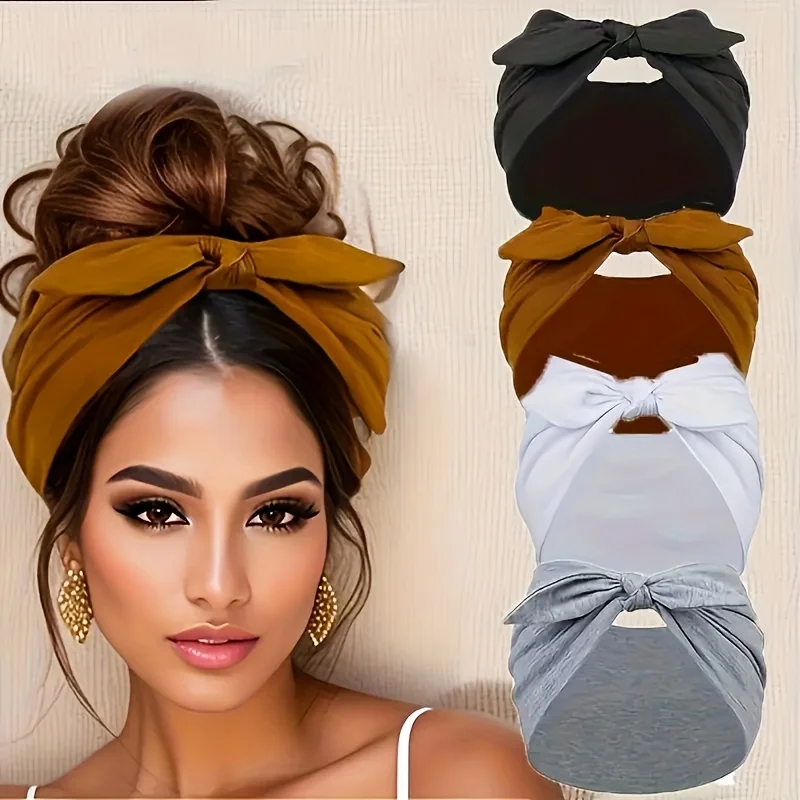 

4pcs/set Women's Knotted Bunny Ears Headband Solid Color Stretchy Yoga Sports Hair Band Sweat Absorbent Bow Cotton Feel