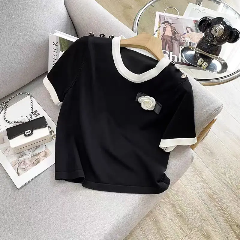 Fashion Sweater For Women 2024 Summer Stylish Elegant Knitted Tshirt Tops Short Sleeve O-neck Color Blocking Jumper Knitwear Tee