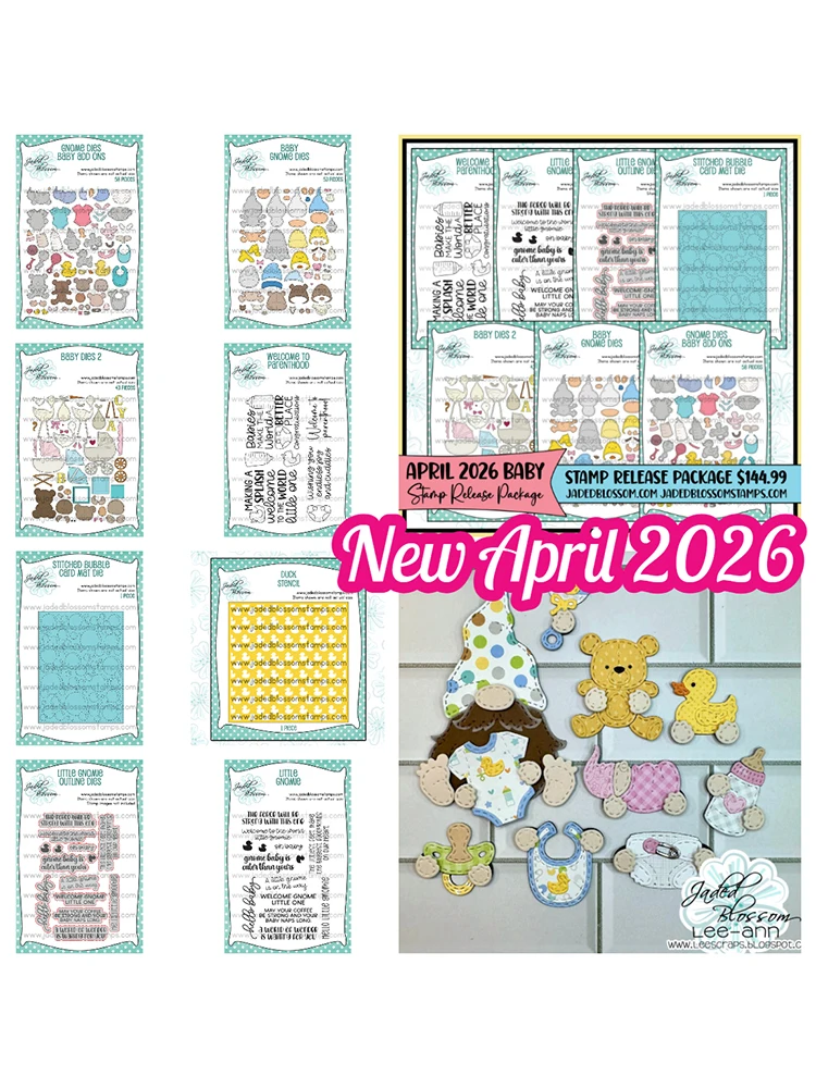 Jaded Blossom Bienvenue dans la parentalité – Accessoires pour gnomes bébés – Matrices de découpe en métal et tampons pour scrapbooking et cartes DIY – Nouveauté avril 2026