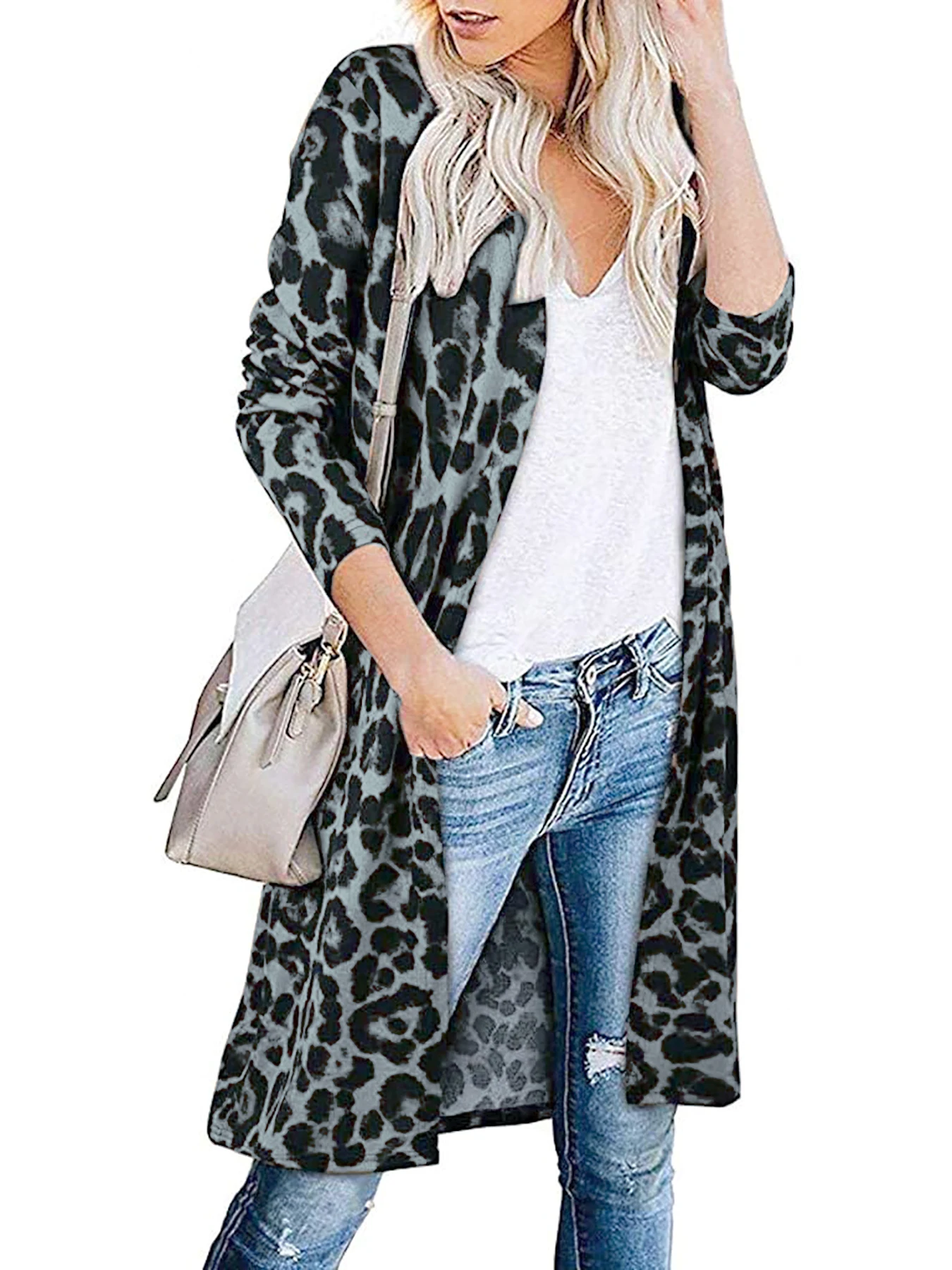 Stylish Leopard Print Open Front Cardigan Women Casual Full Long Sleeve Knitted Cardigans Ladies Fashion Long Coats