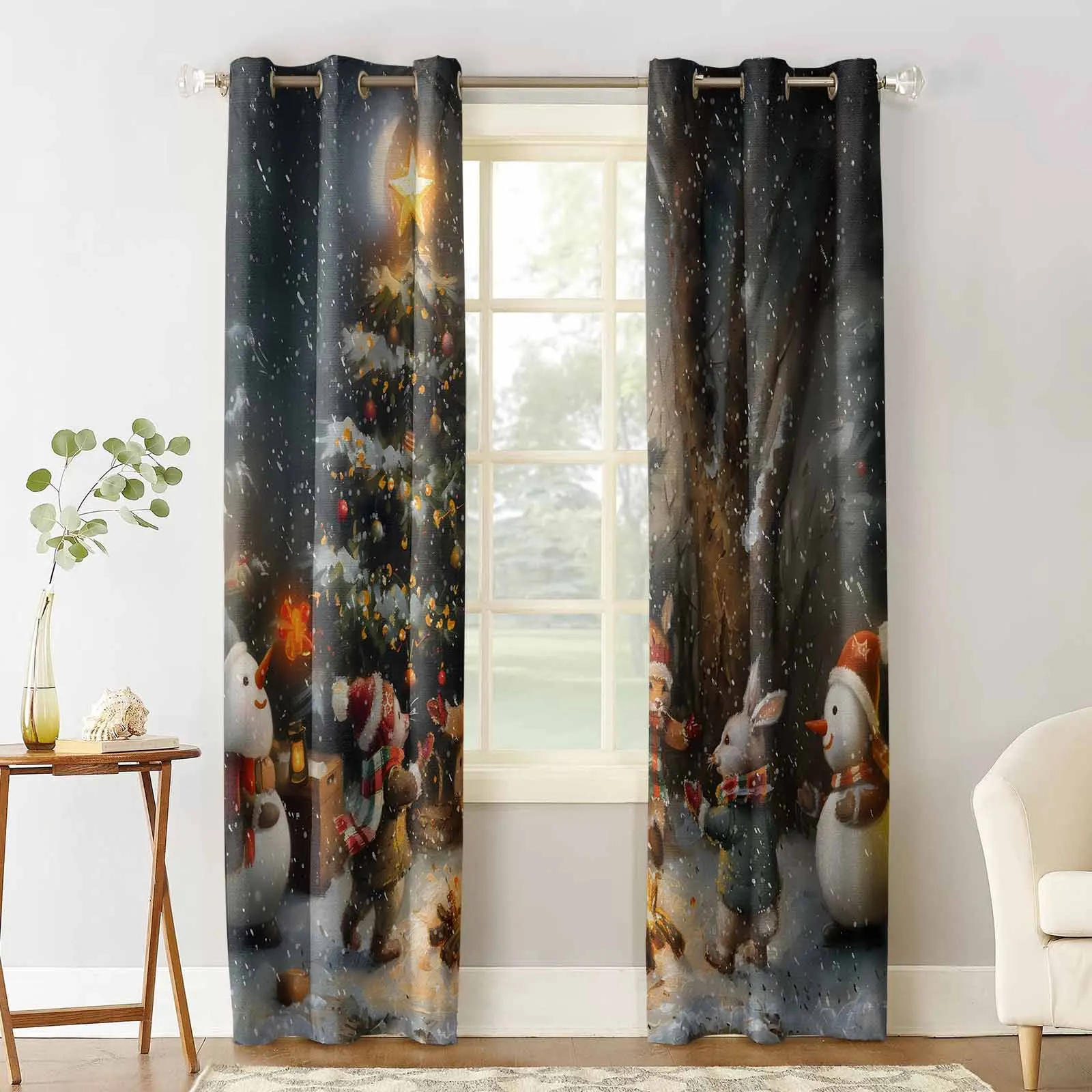 Christmas Colorful Forest Moon Bonfire Animals Curtains For Kitchen Bedroom Window Treatment Curtains For Living Room Home Decor