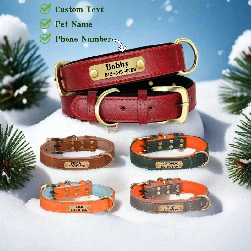 

Customized Leather Dog Collar Leash Soft Padded Leather Collar For Small Medium Large Dogs Pug With Free Engraved Nameplate Dog