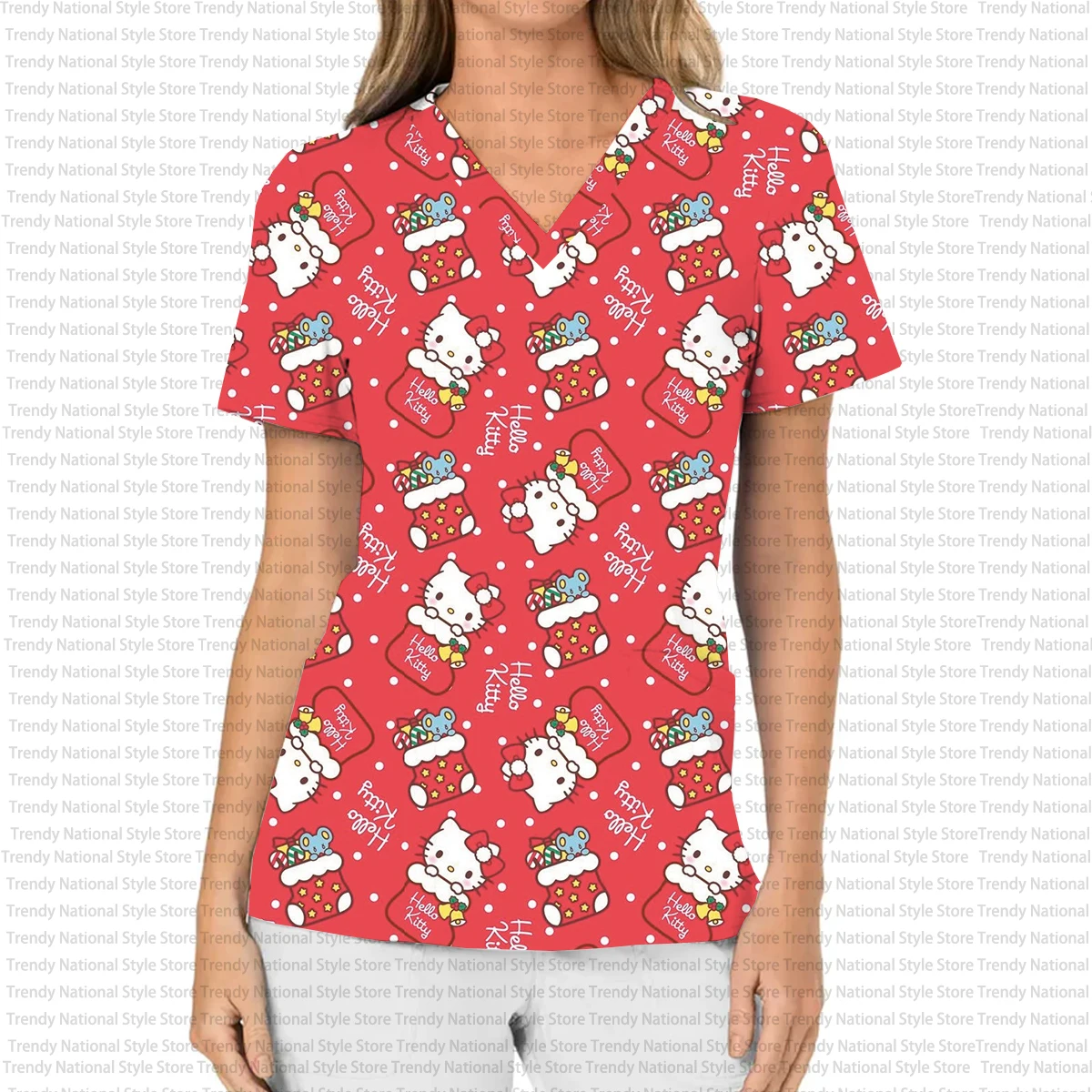 女性の作業服 ソフトマットトップ Vネック ポケットTシャツ 絶妙なハローキティプリント オフィスカジュアルTシャツに最適