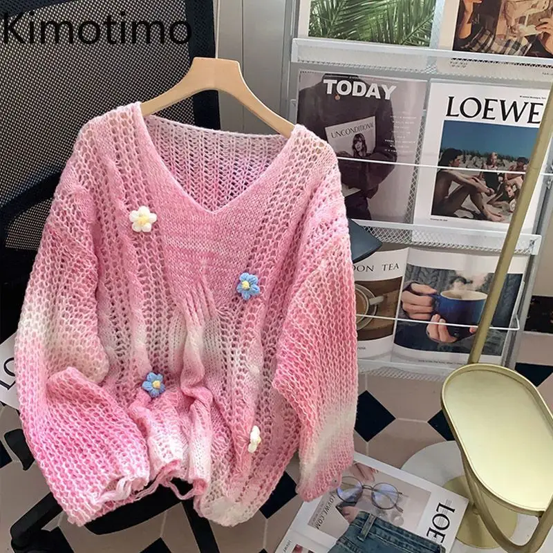 

Kimotimo Sweet Flower Hollow Out Sweater Women Autumn Gardient Print Loose Long Sleeve Pullover Casual Versatile Knitted Tops
