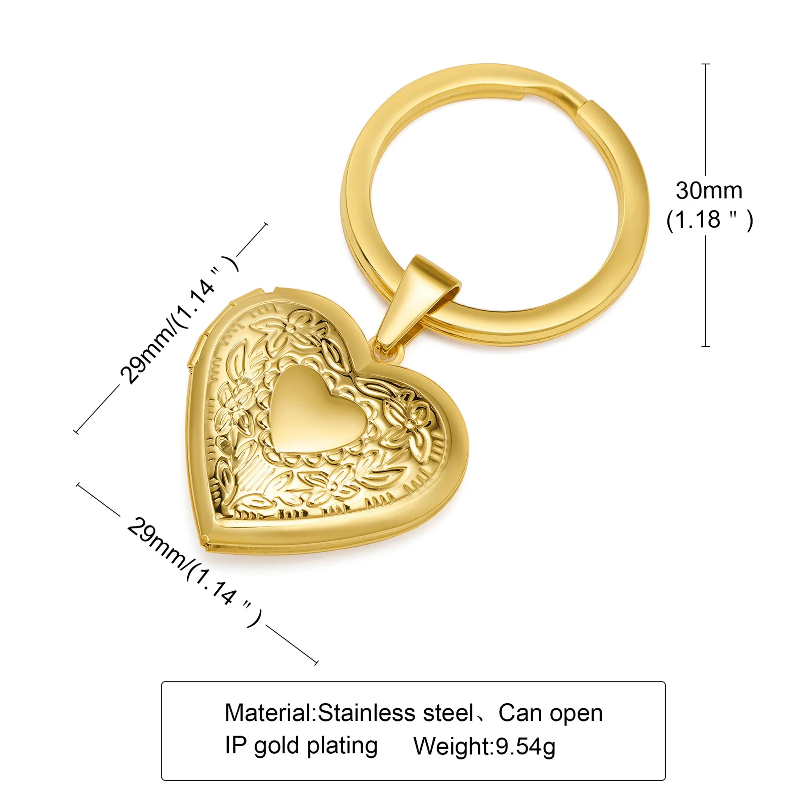 Gold Color Heart Keychain, Photo and Text Engraved, Stainless Steel Charm Keyring Mother\'s Day Gift