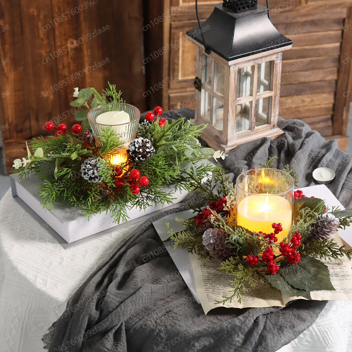Christmas decoration, wreath table top arrangement, pine needle candlestick, mini Christmas wreath, no candles