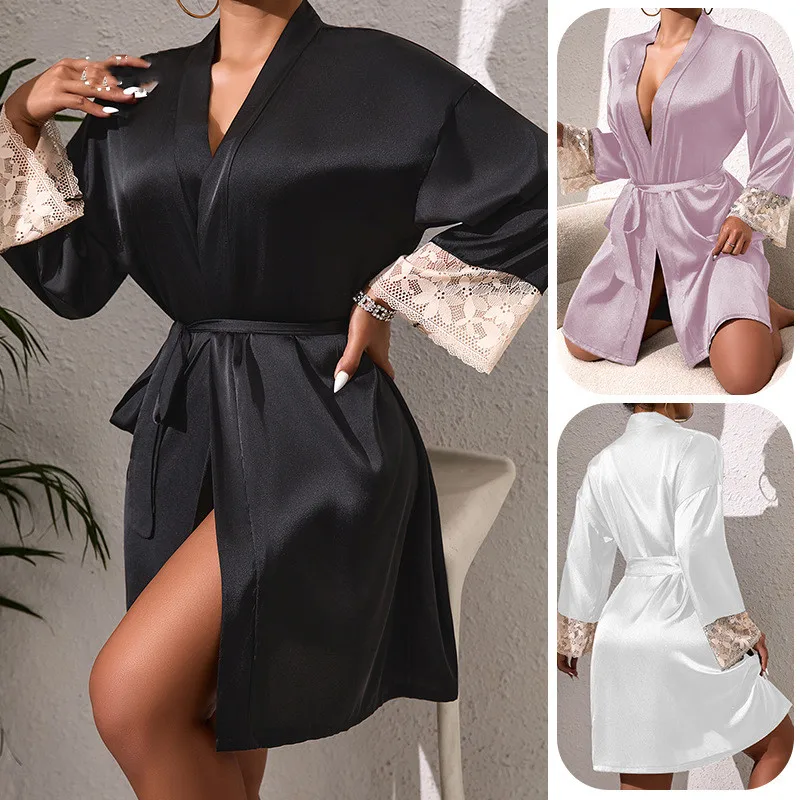 

Women Wedding Robe Nightgown Long Sleeve Kimono Bathrobe Gown Sleepwear Loose Casual Satin Home Dressing Gown