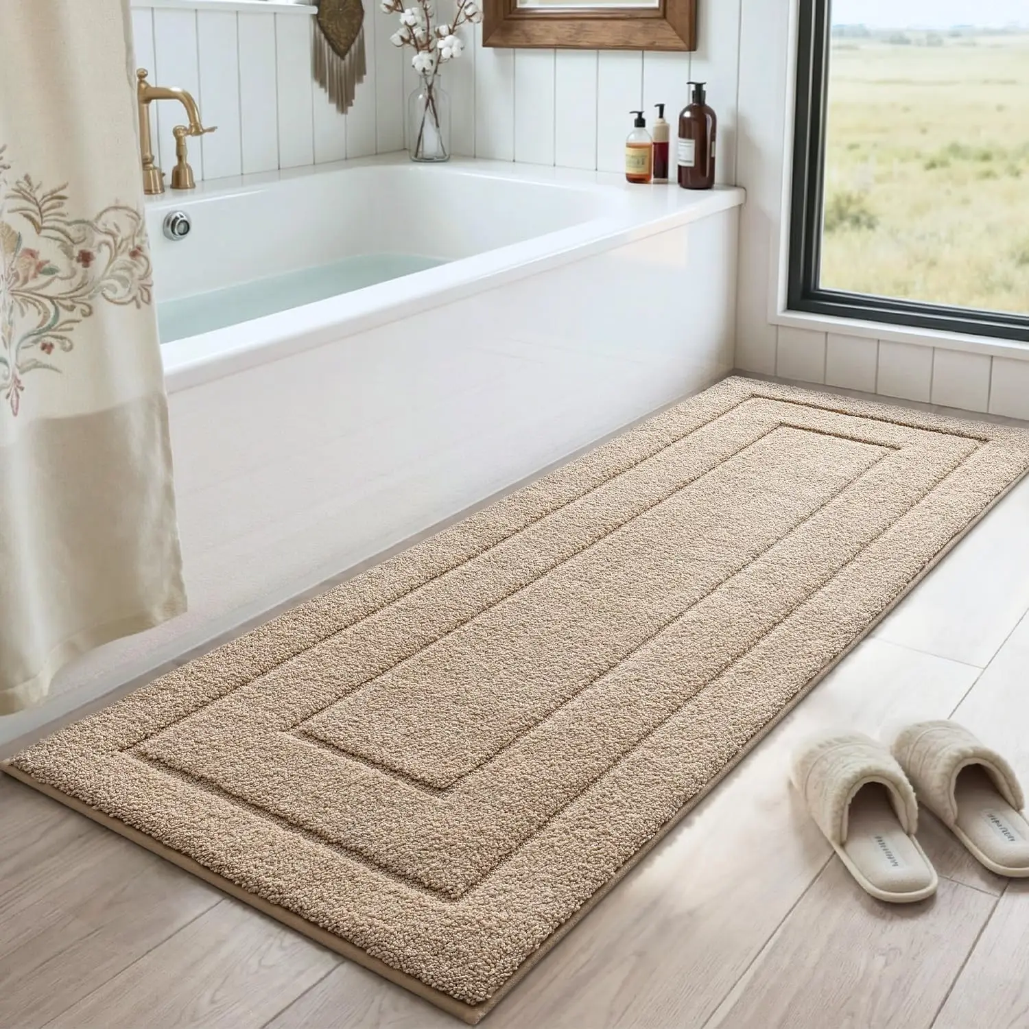

Non-Slip Washable Bath Mat Runner, 60x24 Extra Long Absorbent Soft Quick Dry Microfiber Carpet with Rubber Backing, Beige