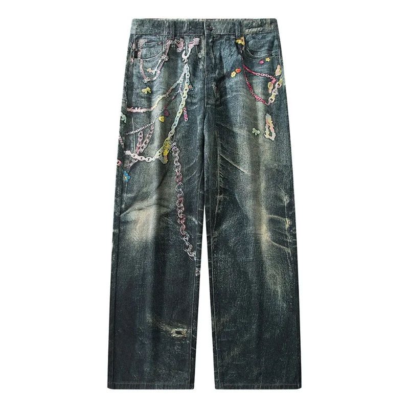 Edgy Men's Chain Detail Distressed Jeans Wide Leg Baggy Fit Streetwear Casual Premium Black Denim Pants