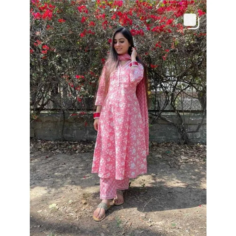 Pink Printed Cotton Salwar Suit Kurti Pant & Dupatta Indian Women Wedding Dress