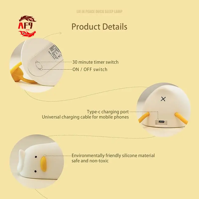 

AF90-Lying Flat Duck Night Light, LED Duck Lamp, Cute Light Duck, Silicone Dimmable Nursery Nightlight