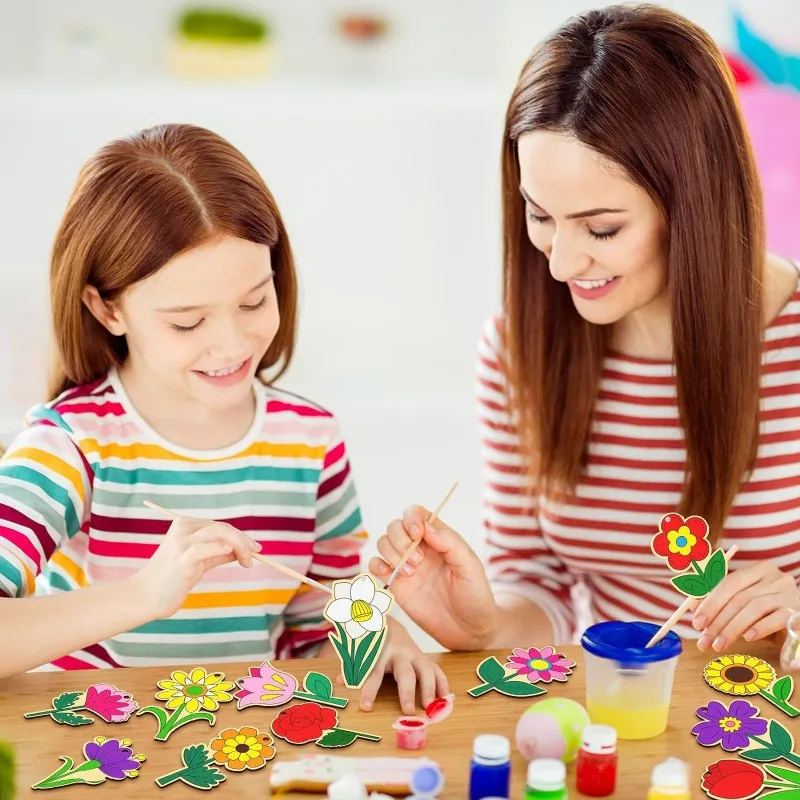 48 個子供用木製 DIY 手芸ペンダント春カラフルな花の形の吊り下げ装飾木製彫刻装飾