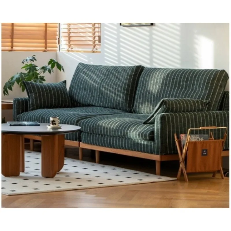 French retro sofa, simple straight solid wood removable and washable three-person striped sofa