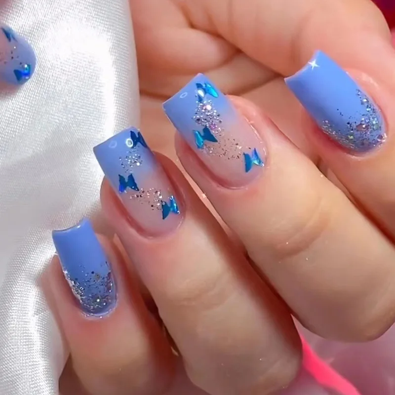 

24Pcs Mid-length Square Fake Nails Press on Shiny Powder Butterfly Design Full Cover Nail Tip Blue Gradient Reusable False Nails