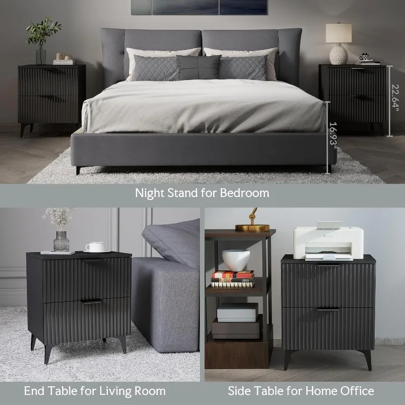 For Bedroom Black Bedside Table 2 Grooved Drawer Bedside Table with Gold Metal Feet