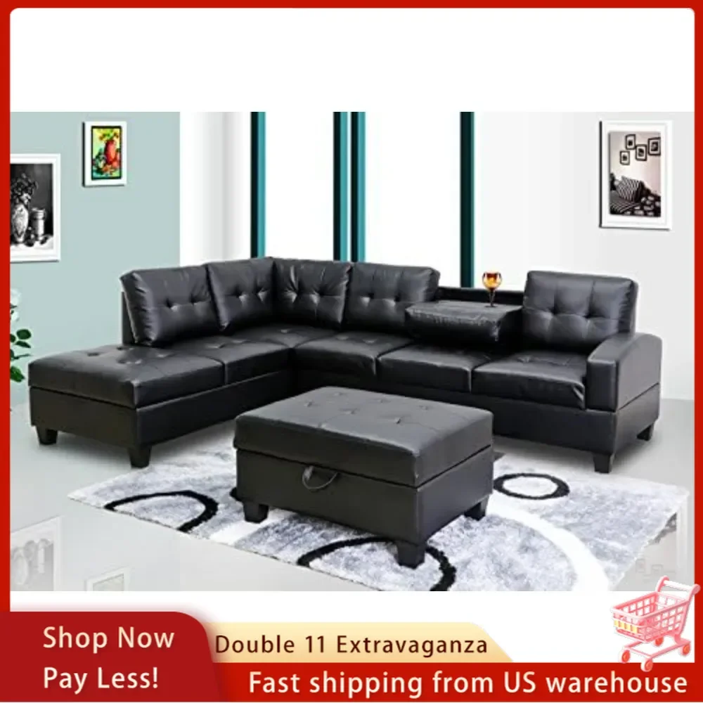 Sofa Pu Leather Living Room Sectional Sofa Set in Black/White 18